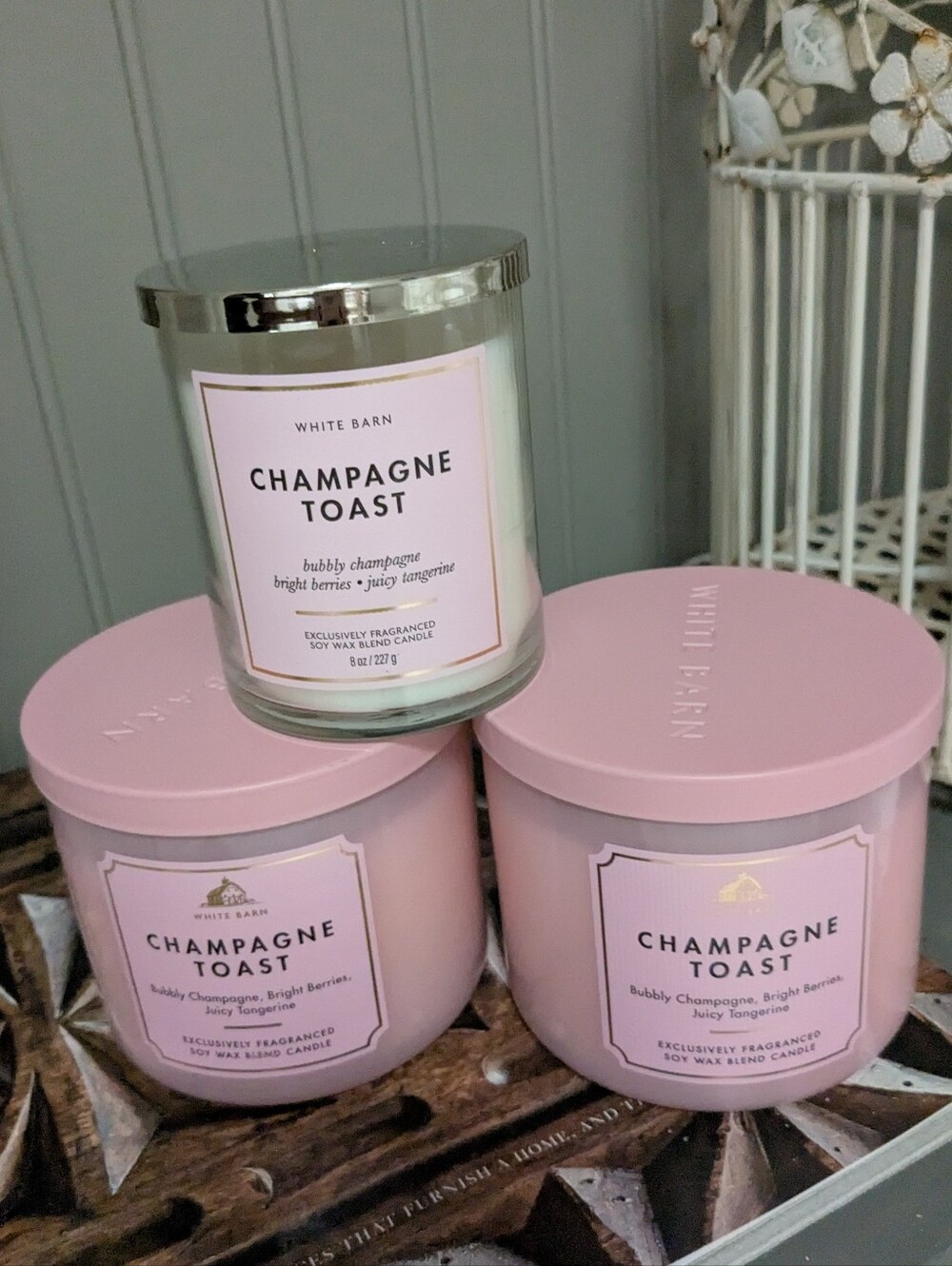 *Never Burned* Two 3-wick & One 1-wick Champagne Toast Pink Scented Jar Candles